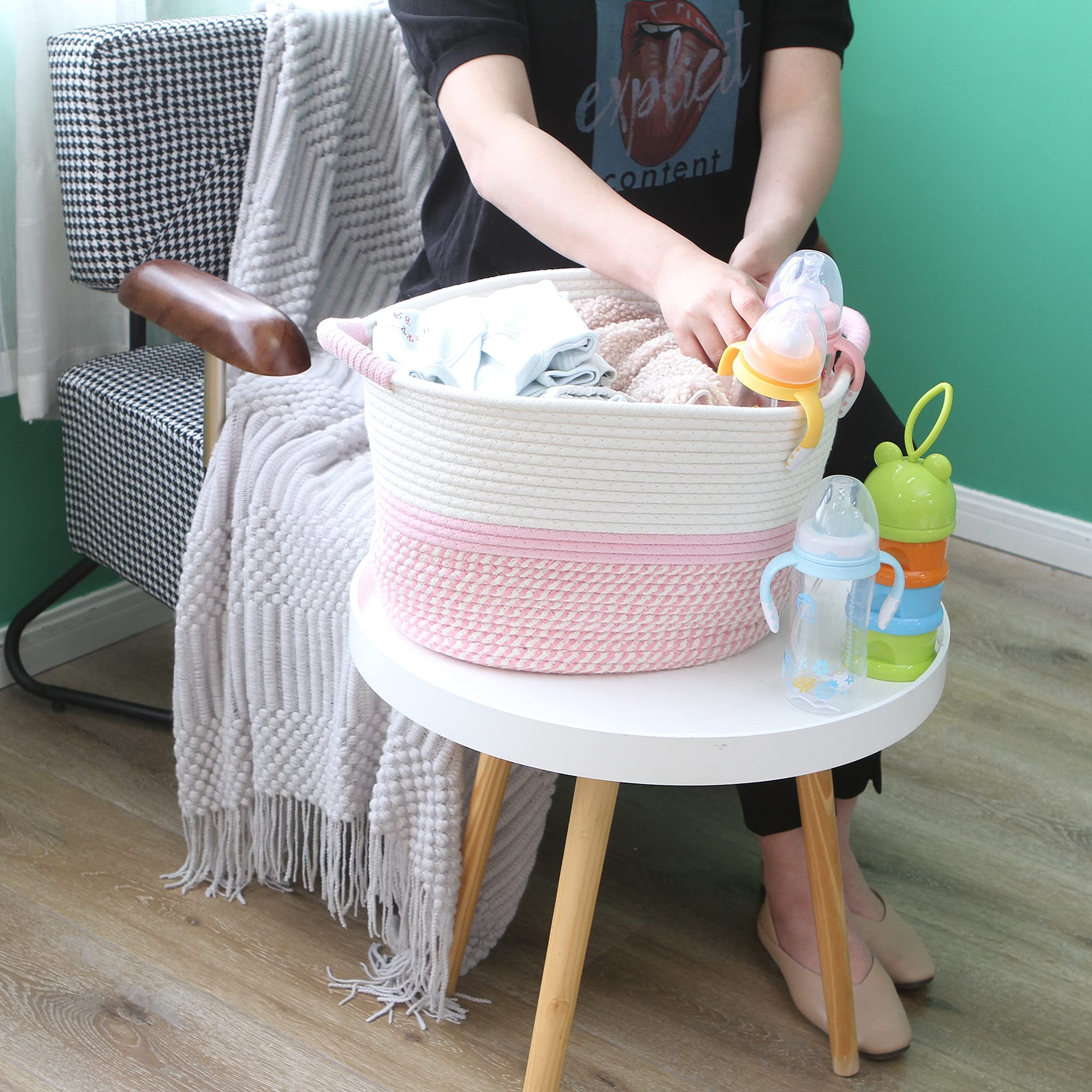 Hinwo Oval Cotton Rope Storage Basket Collapsible Nursery Storage Box Container Organizer With Handles, 13 X 10 Inches, Off White And Pink